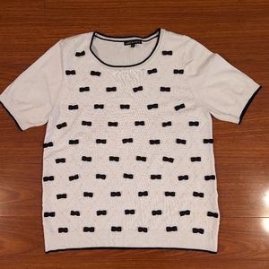 Leo & Ugo Womens Short Sleeve Crew Neck White & Black Bow Tie Blouse Sz 3